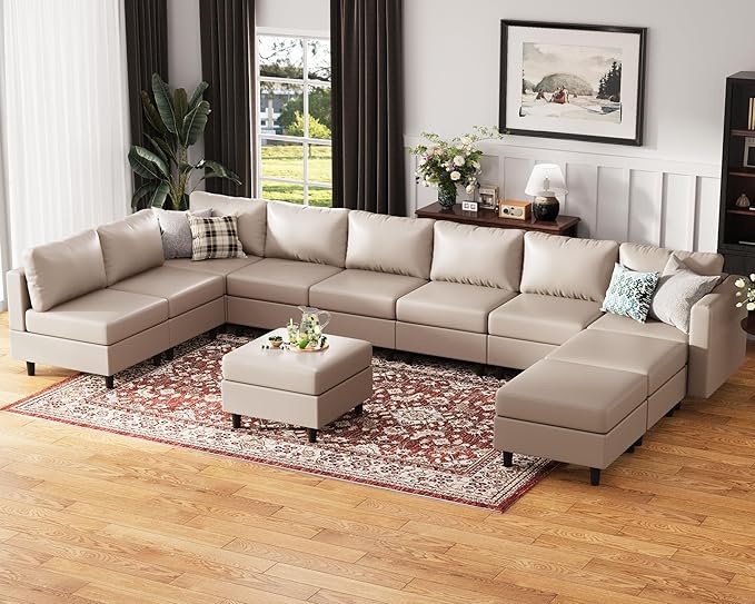 Oversized 172.5" Faux Leather Modular Sectional Sofa, Modern Large 11 Seater U Shaped Couch with Storage Seat with Reversible Chaise Deep Seat for Living Room DIY Combination - Whitesand