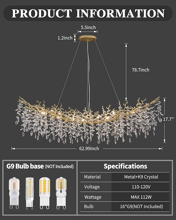 Modern Crystal Chandelier for Dining Room, 16-Light 63" Gold Tree Branch