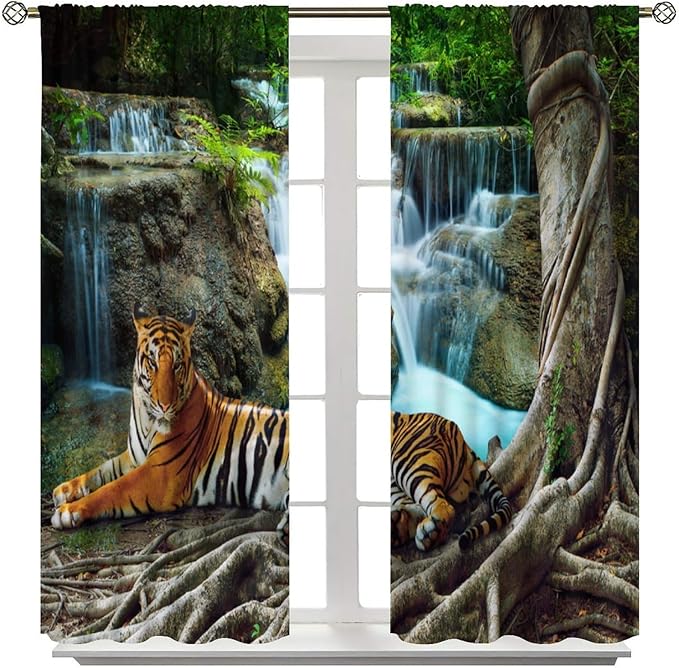 Waterfall Landscape Blackout Curtains, Spring Forest Animal Tiger Tree Waterfall Nature Window Drapes, for Bedroom Living Room 55" W X 63" L
