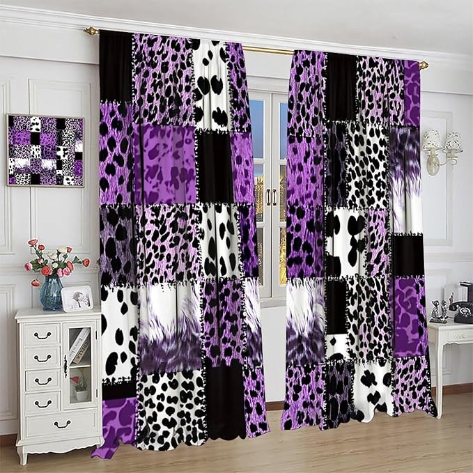 Brown Leopard Curtain, Purple Patchwork Cheetah Panthera Zebra Giraffe Print Safari Wildlife African Wild Animal Skin Window Curtains for Living Room Bedroom 42" W X 45" L