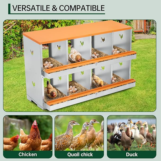 4-Hole Chicken Nesting Box, Large Ventilated Galvanized Steel Laying Box with Compartments, Wall-Mounted, Easy Egg Collection & Cleaning, Roll Away Nest Box for Coop - Orange