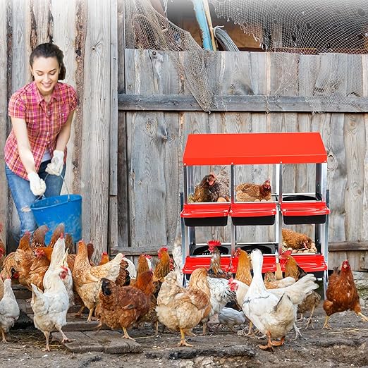 Garvee Chicken Nesting Boxes, 6 Hole Metal Chicken Laying Box with Removable Trays for Chicken Coop, Red, with Metal Legs