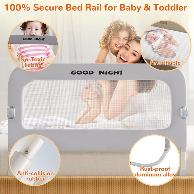 Bed Guard Rail for Toddlers - 32" Adjustable Heights & Folding up Portable Bed Railing for Baby - Toddler Bed Rails Guard for Crib, Twin, Bunk,Full Size, Queen & King Bed(Grey)