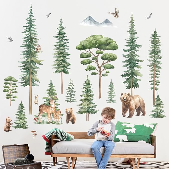 decalmile Large Pine Tree Woodland Wall Decals Forest Animal Bear Deer Wall Stickers Kids Room Baby Nursery Bedroom Wall Decor