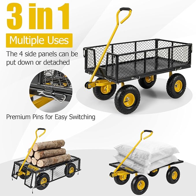 Utility Garden Cart, 900 lbs Capacity Heavy Duty Wagon Cart with Rotating Handle, Removable Sides & 10" Wheels, Metal Utility Cart for Outdoor Hauling & Gardening