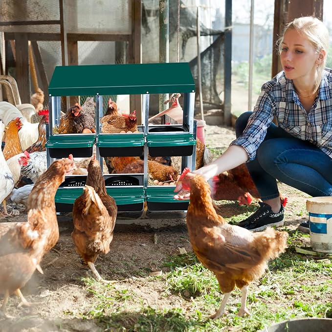 GarveeHome 2-Tier Chicken Nesting Box, 6 Compartment Metal Chicken Laying Boxes with Waterproof Roof ＆ Removable Trays for Hens, Poultry，Easy Egg Collection