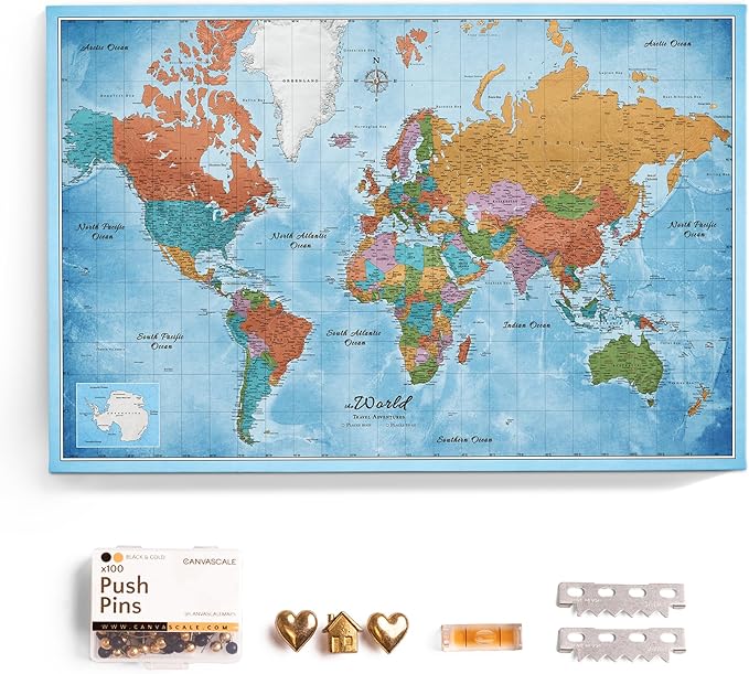 Canvas World Map with Cork Pin Board - English Lettering - Decorative Wall Decoration for All Rooms - Canvas Pictures with World Map Motif (150x100 cm, Pattern 21)