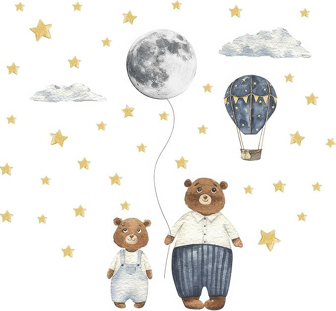Papa & Baby Bear Wall Decals - Peel and Stick Bears Hot Air Balloon Stars Moon Clouds Wall Stickers, Decor for Baby Nursery, Toddler & Kids Bedroom Walls (Bears)