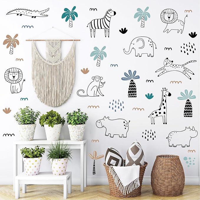 AOWDIAO Safari Wildlife Animal Wall Decals Line Art Peel & Stick Decor for Kids’ Room & Nursery