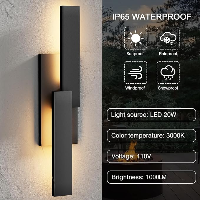 LamQee 24 Inch Aluminum Modern Outdoor Wall Light, 3000K 1000LM 20W Integrated