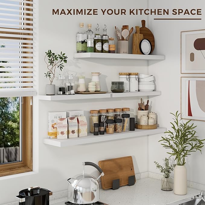 24 inch Floating Shelves Long Floating Shelves for Wall Large Wall Mounted Shelves with Invisible Brackets, White Shelves for Bathroom, Living Room, Kitchen, Office, 24x6.7 inch deep Set of 2