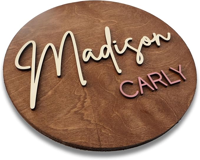 Custom Round Nusery Name Sign, Personalized 3D Baby Name Announcement Sign, Personalized Wooden Wall Plaque, 3D Wall Art for Children & Kids Rooms, Family Name Signs, 30 Colors (Design 6)