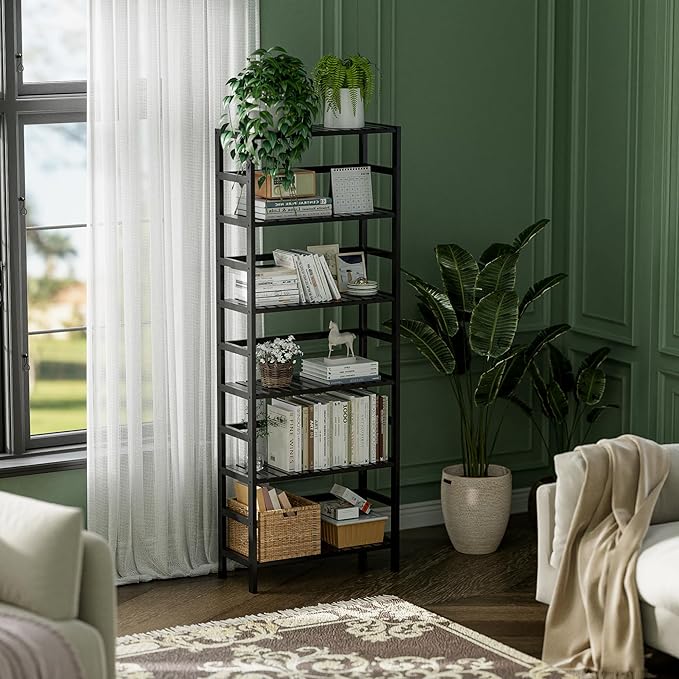 HITNET Bamboo Bookshelf, 6-Tier Tall Open Bookcase with Adjustable Shelves, Floor Standing Storage Shelf Unit for Living Room Bathroom Home Office, Black