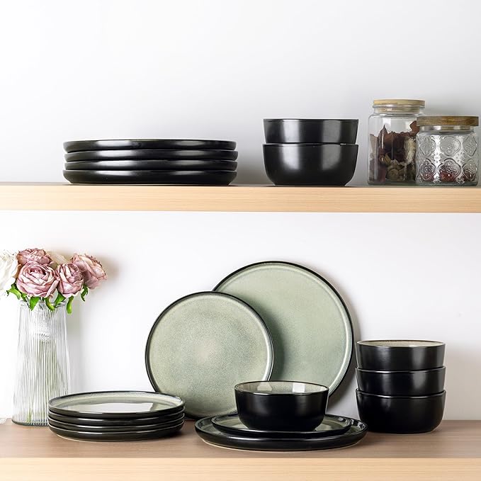 AmorArc Stoneware Dinnerware Sets,Round Reactive Glaze Plates and Bowls Set,Highly Chip and Crack Resistant | Dishwasher & Microwave Safe Dishes Set,Service for 4 (12pc)