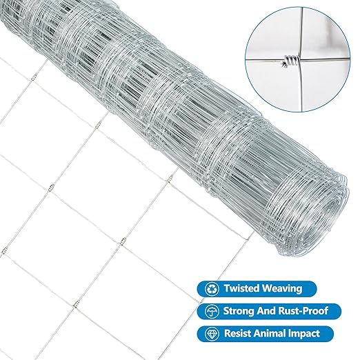 Farm Fence, 4ft X 33ft Wire Fence, Goat Cattle Deer Livestock Fence, Galvanized Woven Hog Wire Fencing,Fencing for Yard and Animals Protection