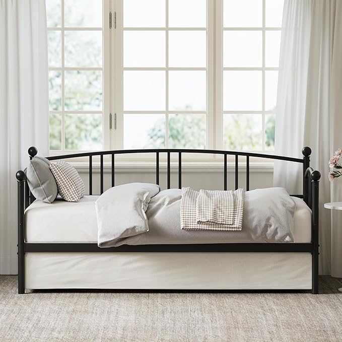 GarveeHome Twin Daybed, Sturdy Metal Day Bed with Steel Slat Support, Arched Headboard Sofa Bed for Living Room, Bedroom and Guest Room, Black