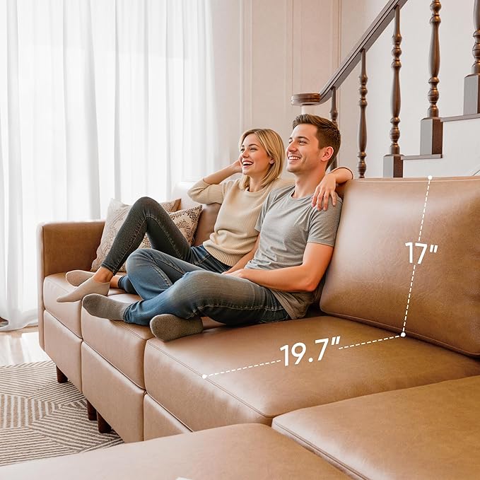 91.5" Faux Leather Modular Sectional Sofa, L Shaped Couch Set for Living Room, 3-Seater Comfy Cloud Couches with Movable Storage Ottoman,DIY Combination - Brown