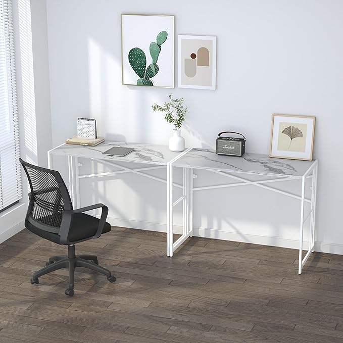 Folding Computer Desk 40 inch Writing Gaming Computer Camping Desk, No Assembly Required Home Office Table, White Marble