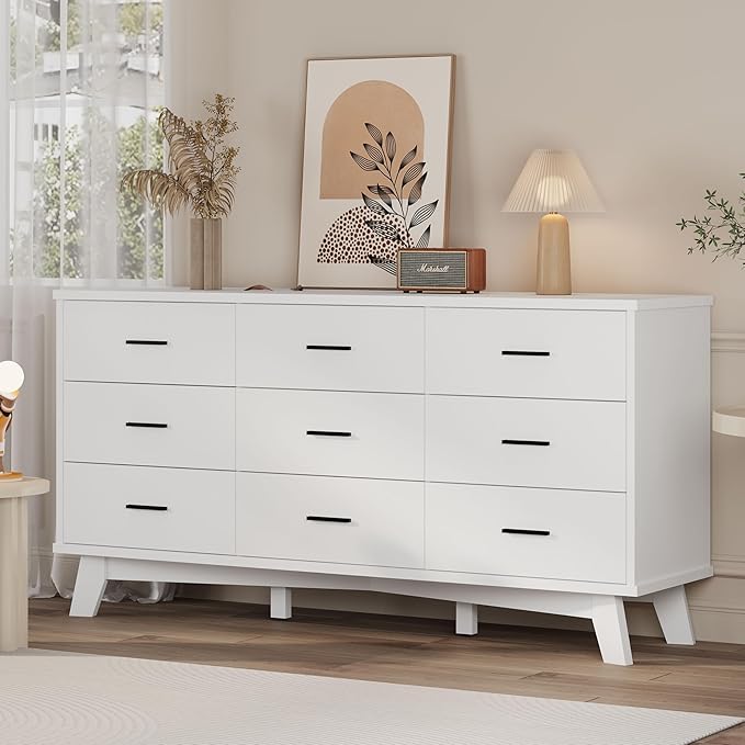 Dresser for Bedroom, 9 Drawer Wide Modern Chest of Drawers with X-Shaped Sturdy Base, Wood Double Dresser Closet Clothes Storage Organizer, Wooden TV Stand for Living Room, Hallway, White