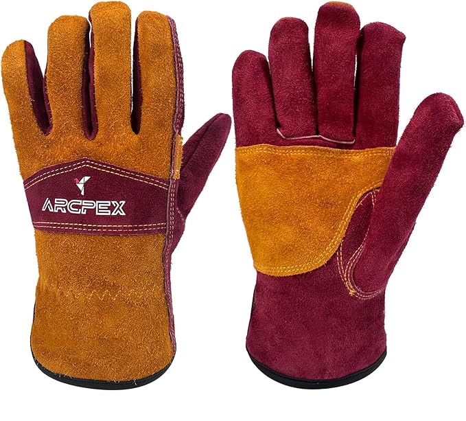 Leather Work Gloves for Men, Heavy-Duty Welding Gloves XL for MIG TIG Welding, Gardening, Construction, Farm, Wood Chopping Cowhide with Cotton Liner Safety Thorn Proof Gloves Hand Protection