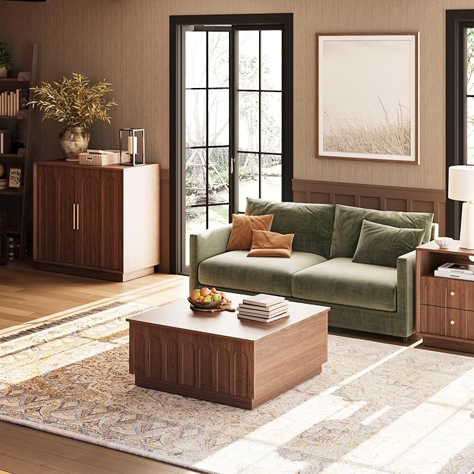 Lift Top Coffee Table with Storage, Mid Century Modern Coffee Table with Arched Design, 31.5" Square Tea Table with Wood Grain, Multifunctional Center Table for Living Room, Office, Walnut