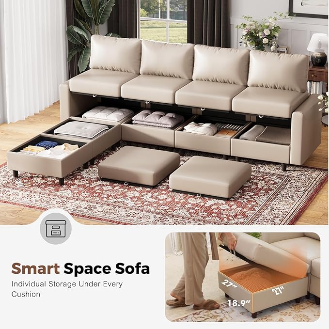 Oversized 172.5" Faux Leather Modular Sectional Sofa, Modern Large 10 Seater U Shaped Couch with Storage Seat with Reversible Chaise Deep Seat for Living Room DIY Combination - Whitesand