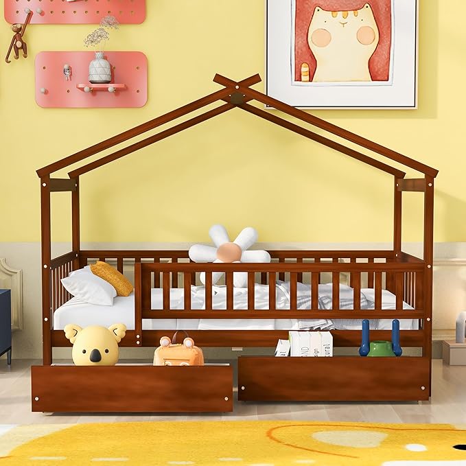 Twin House Bed with 2 Storage Drawers, Kids Twin Bed Frame with Rails and Roof, Tent Bed, Wooden Twin Daybed, Twin Montessori Bed for Kids Teens Girls & Boys, No Box Spring Needed (Walnut)