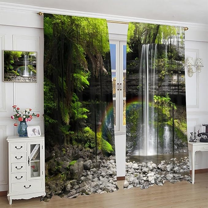 Natural Landscape Waterfall Blackout Curtains, Forest Falls Spring Natural Scenery Green Plant Tree Leaf Rod Pocket Window Drapes, for Bedroom Living Room 42" W X 63" L