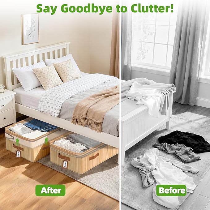 Livole 3 Pack Bamboo Under Bed Storage, 6-10 inches Height Adjustable Underbed Storage Containers, 92L XXXL Large Under Bed Storage Bins with Clear Lid & Label for Clothes, Blankets, Sweater, Shoes