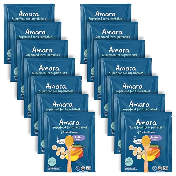 Amara Organic Baby Food - Stage 2 - Tropical Mango - Baby Cereal to Mix With Breastmilk, Water or Baby Formula - Shelf Stable Baby Food Pouches Made from Organic Fruit - 14 Pouches, 3.5oz Per Serving