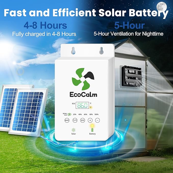 10" Solar Exhaust Fan with Battery and Adjustable Thermostat, Shutter Ventilation Fan for Greenhouse, Attic, Garage with 2PCS 15W Bifacial Solar Panels