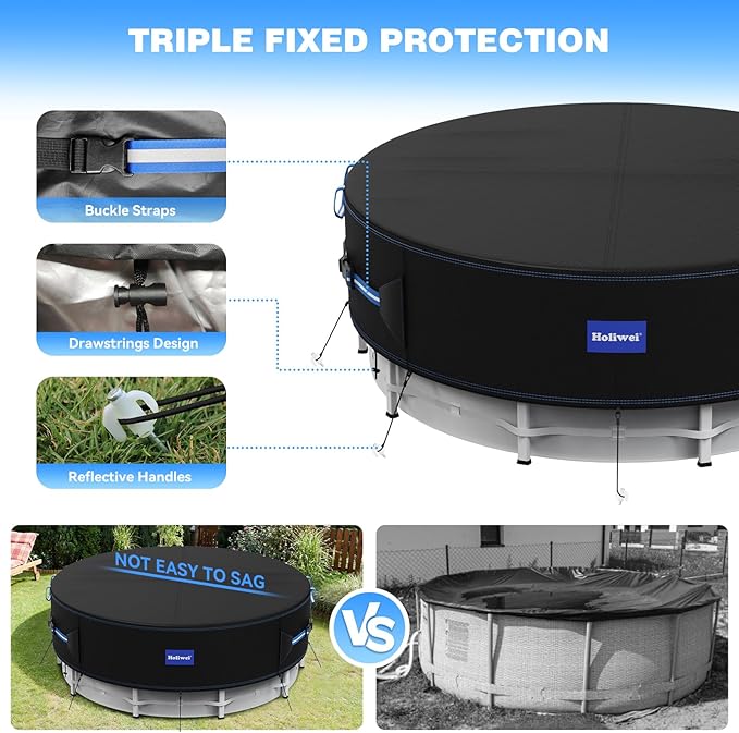 12 Ft Round Pool Cover with Reflective Strips, 420D Swimming Pool Cover for Above Ground Pools, Solar Cover with Drawstring and Ground Nails for Dustproof, UV Protected