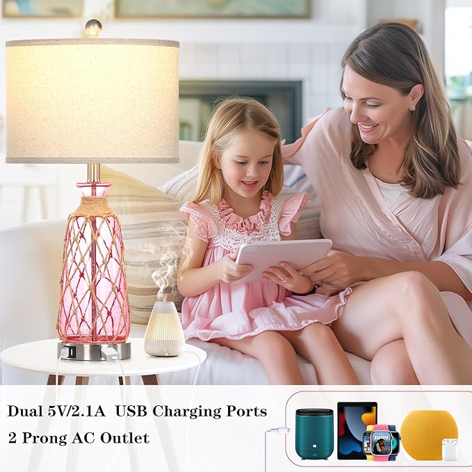 25.5" Coastal Glass Table Lamps Set of 2, 3-Way Dimmable Touch Control Bedside Lamps with 2 USB Ports and AC Outlet, Pink Nautical Nightstand Lamps for Bedroom Living Room (LED Bulbs Included)