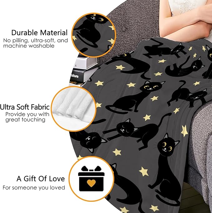 Thuswarm Cats and Stars in The Dark Flannel Throw Blanket Warm Cozy Soft Funny Print Blankets for Bed Couch Sofa Room Decoration Gifts 50”×40” Small for Kid