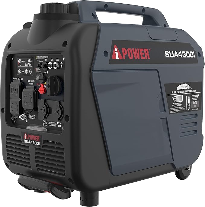A-iPower Portable Inverter Generator Gas, 4300W RV Ready, EPA & CARB Compliant CO Sensor, Portable Light Weight With Telescopic Handle For Backup Home Use, Tailgating & Camping (SUA4300i)