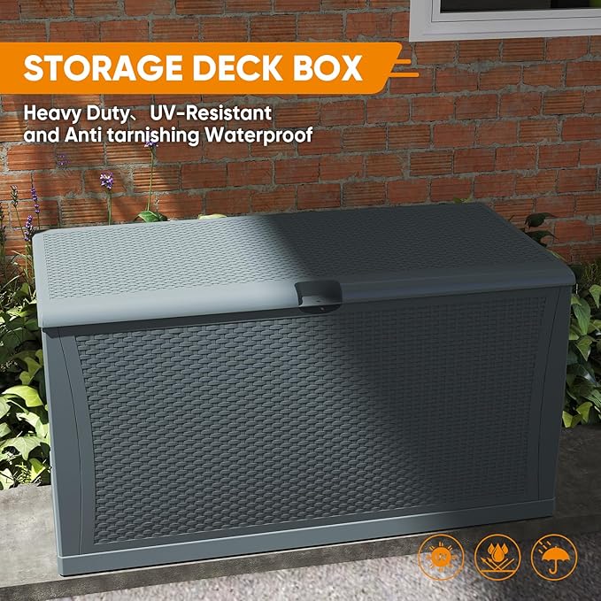 125 Gallon Resin Deck Box, Weatherproof Outdoor Storage Box for Patio, Garden, Pool, and Yard, Lockable Waterproof Bin for Tools, Cushions, and Accessories, Grey