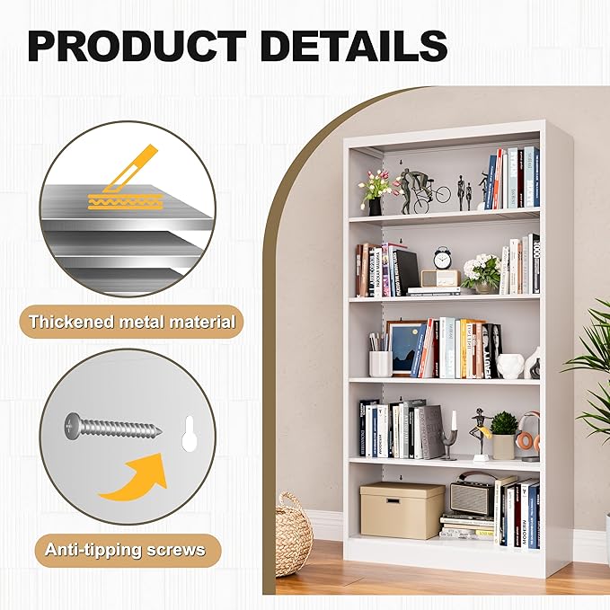 66" Tall Metal Bookcase, 5 Shelf White Bookcase with Adjustable Shelves, Large Bookshelves and Bookcases, Modern Book Shelf Storage Organizer for Living Room, Home Office, Library