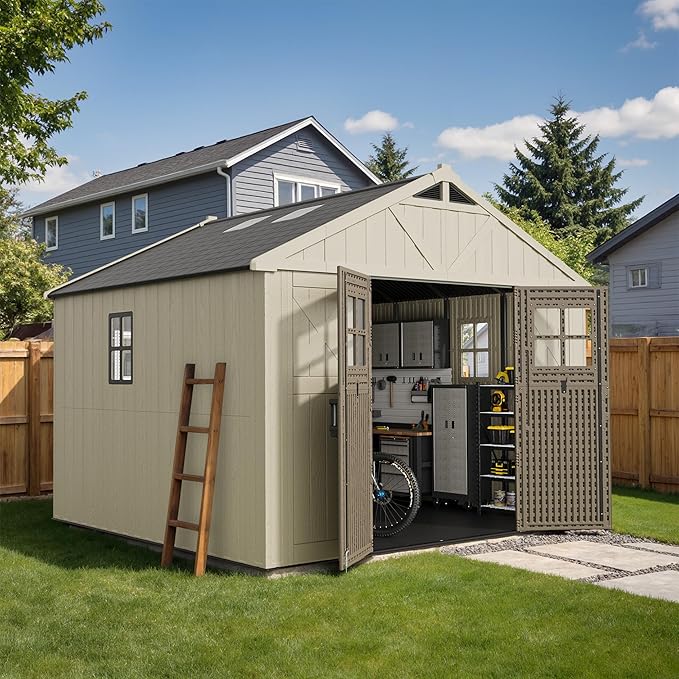 Devoko 10 x 10 FT Plastic Outdoor Storage Shed with Windows, Resin Tools Shed with Floor Large Storage Garden Shed for Patio,Garden, Backyard, Lawn, Beige