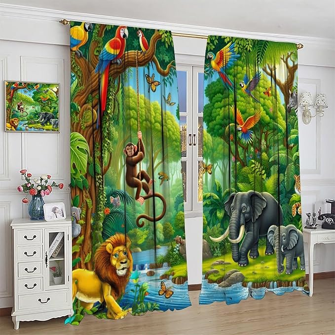 Animals Window Curtain Cartoon Jungle Forest Elephant Lion Print Curtains for Kids Boys Girls Nursery Baby Bedroom Playroom Home Decor Window Drapes 72" W X 63" L