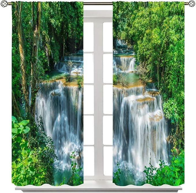 Scenic Nature Blackout Curtains, Natural Falls Landscape Forest Tree Waterfall Scenery Window Drapes, for Bedroom Living Room 42" W X 63" L