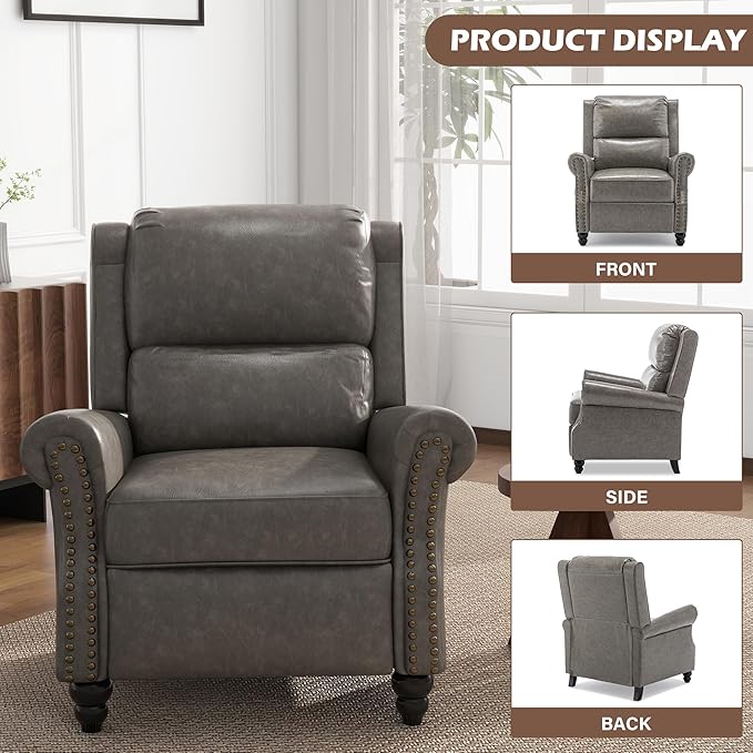 UIXE Pushback Recliner Chair, Faux Leather Armchair Push Back Accent Chair, Rivet Trim Club Chair Home Theater Overstuffed Single Sofa Reading Seat for Living Room, Gray