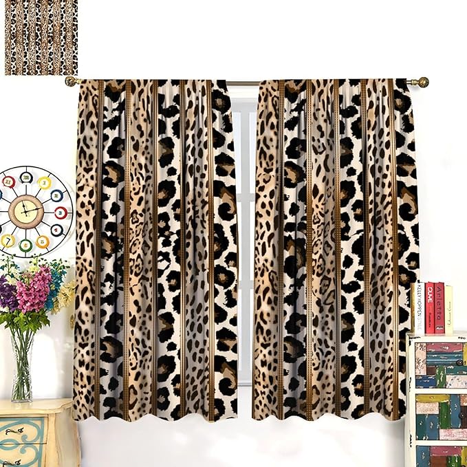 Leopard Curtains, Cheetah Wild Animal Geometric Stripe Wildlife Theme Window Drapes for Bedroom Living Room 42" W X 54" L