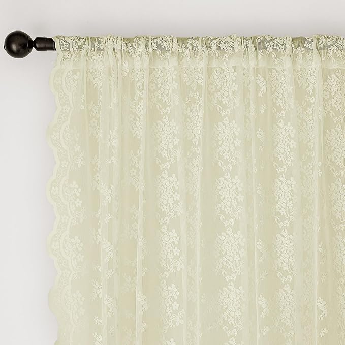 Anmao Vintage Lace Curtains 72 Inches Long 2 Panels Set, Romantic Elegant Light Filtering Semi Sheer Floral Thick Lacy Curtain Drapes for Living Room and Bedroom, Each Panel 55W x 72L, Cream Yellow