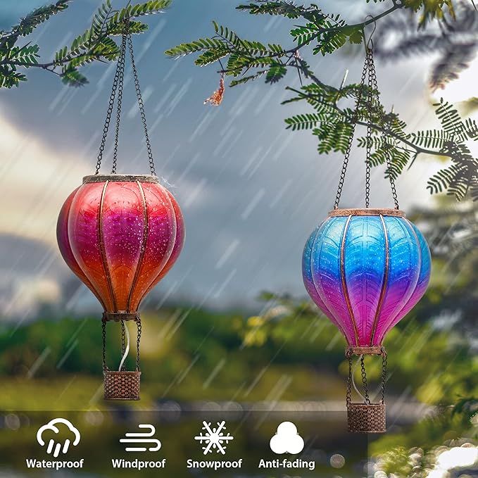 TERESA'S COLLECTIONS 2 Pcs Hot Air Balloon Solar Lantern Outdoor Garden Decor, Waterproof Hanging Solar Lantern with Flickering Flame Light for Yard Tree,Gift for Mom Lovers,18"