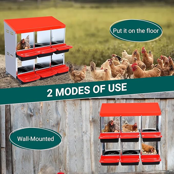 Chicken Nesting Boxes 6 Compartments Chicken Laying Boxes Roll Away Egg Collection Metal Poultry Nest Box with Perch and Lid Cover Free Standing Egg Laying Boxes for Hens Chicken