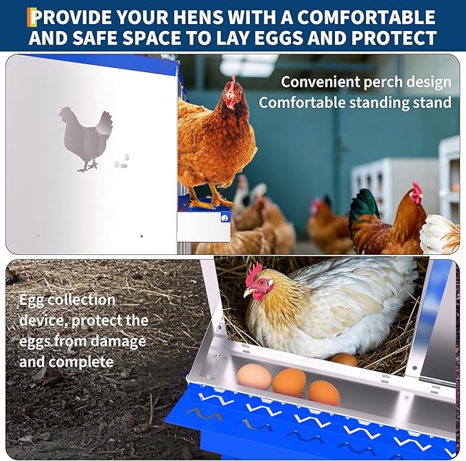 Chicken Nesting Boxes, 10-Hole Roll Away Nest Box for Chicken Coop, Metal Egg Laying Box with Perch & Lid Cover to Protect Eggs, Rollout Egg Collection, Vented Holes -with Legs Blue