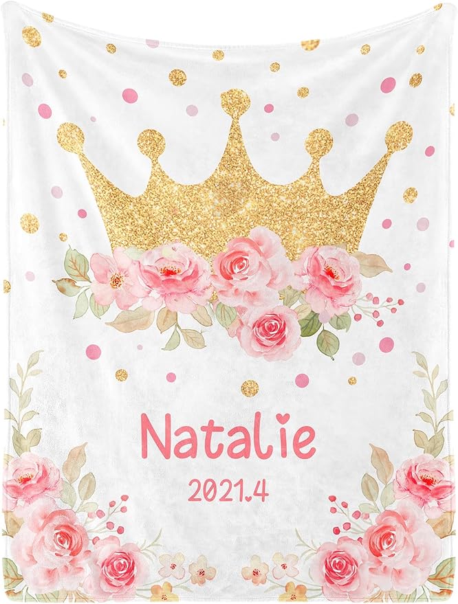 Personalized Baby Blanket, Custom Baby Blankets with Name for Girls, Personalized Baby Girl Gifts for Christmas Birthday Easter, Customized Baby Blanket for Kids Toddler New Mom Newborn (White)