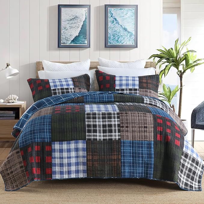 NEWLAKE Quilt Set King Size, Cotton Patchwork Blue Black Checkered Patterns Quilt Sets, Reversible Bedspread Lightweight and Breathable for All Seasons, Soft Quilted Bedspread with 2 Pillow Shams