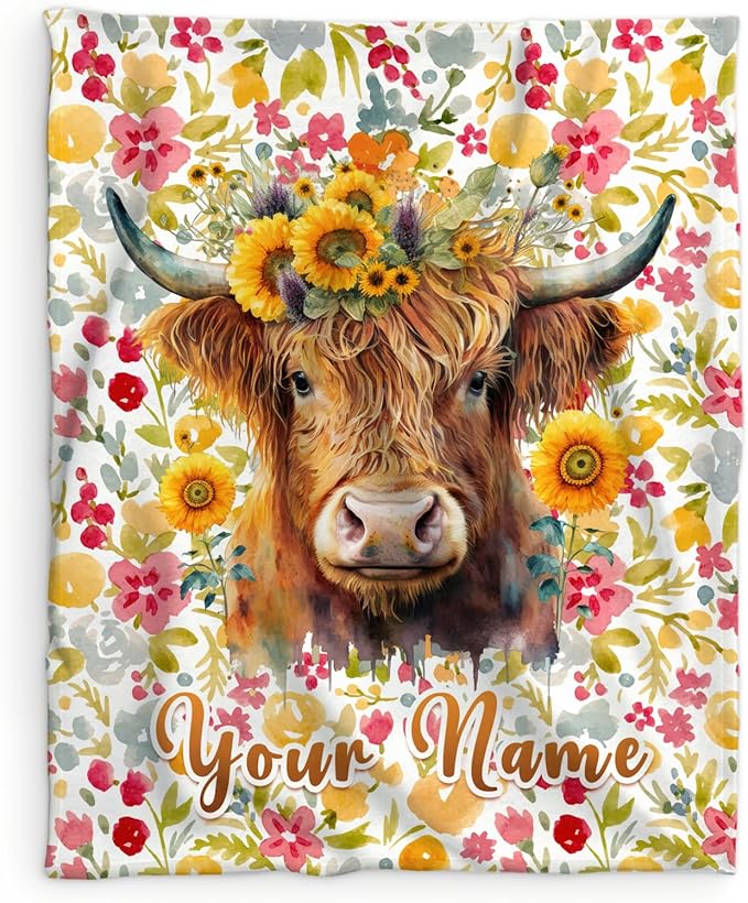Custom Highland Cow Blanket Gifts with Name - 50x40 Inches Vintage Throw Blanket for Women, Girls - Colorful Soft Fuzzy Blankets for Sofa Couch - Gift for Mom Doughter Grandma