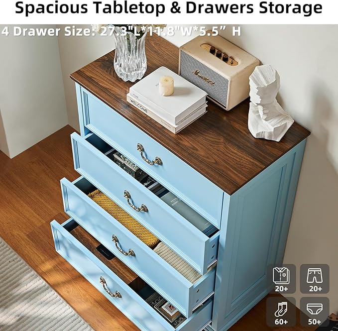 Farmhouse 4 Drawer Dresser Set of 2 for Bedroom, 37" Tall Rustic Chests of Drawers w/ 4 Solid Wood Feet, Mid Century Vintage Wooden Closet Storage Dressers Organizer for Living Room,Light Blue